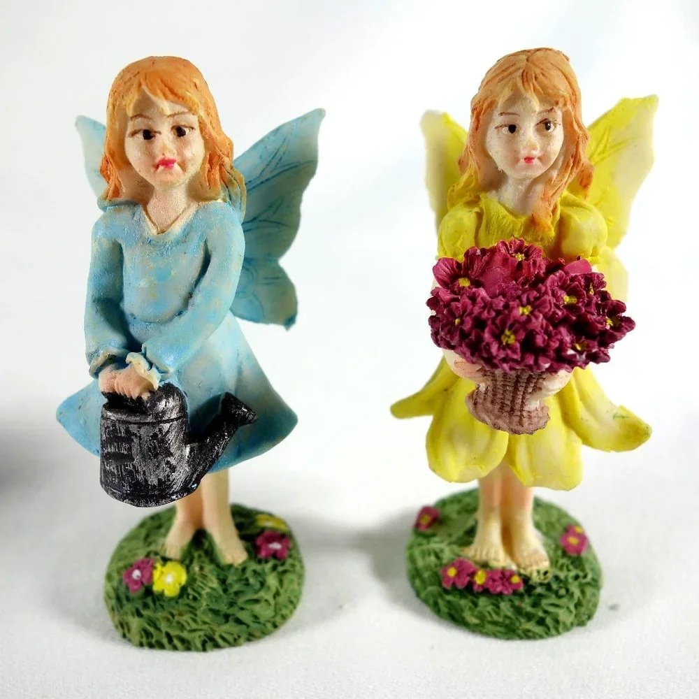 Miniature Garden Fairies Birdbaths Flowers‎ Figurines Resin 7 Piece Set